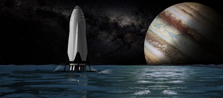 Rendering of the SpaceX Interplanetary Transport System, which is currently in design and is intended to fly humans to Mars, among other locations in the Solar System.